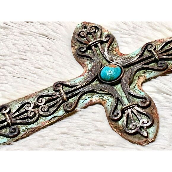 Montana West Rustic 12” Scrollwork Hand Painted Turquoise Gem Wall Cross - Picture 4 of 7